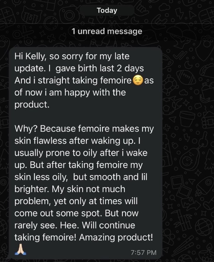 Customer WhatsApp message sharing her Femoire experience after giving birth